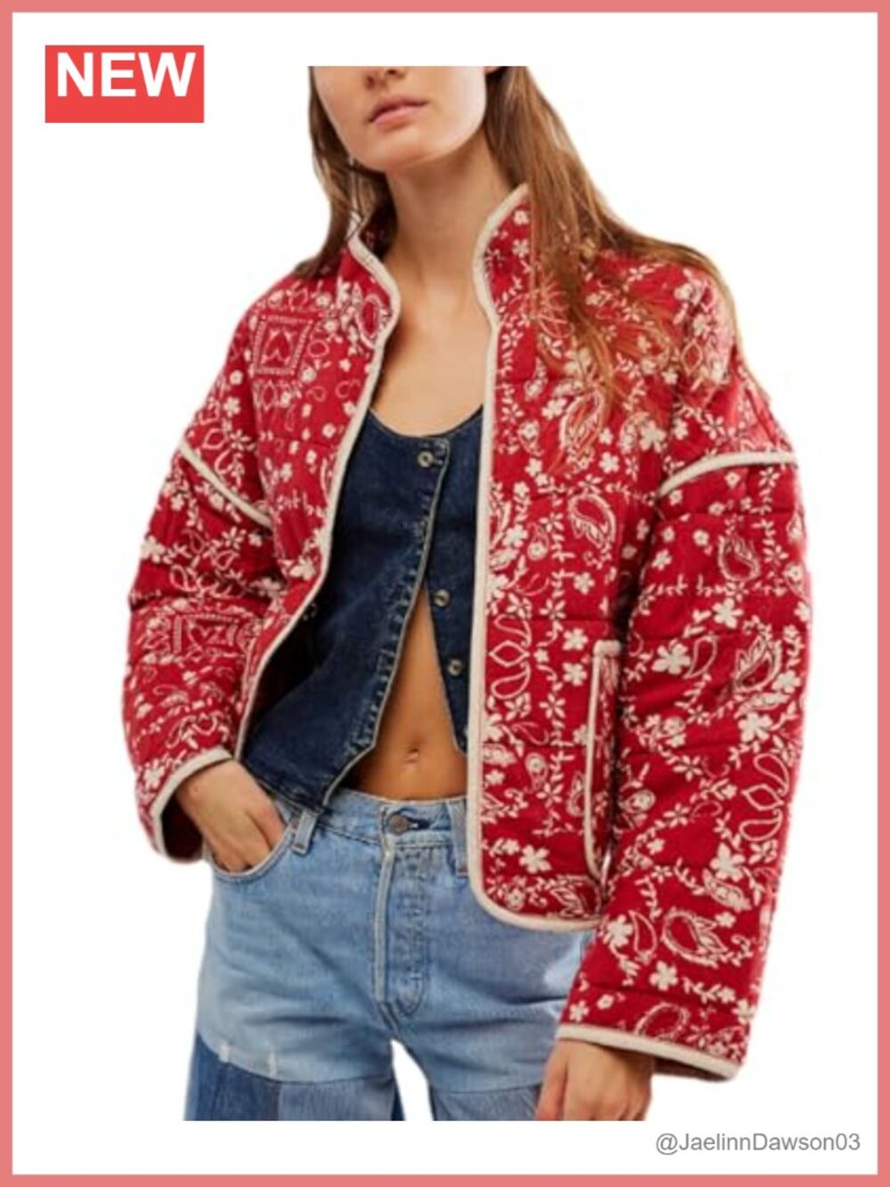 Women's Cropped Quilted Puffer Jacket Floral Open Front Vintage Coat